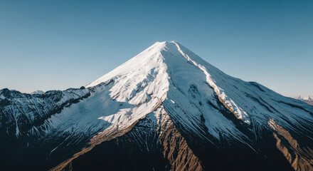 A snow-capped mountain stands tall against a clear blue sky on a serene landscape