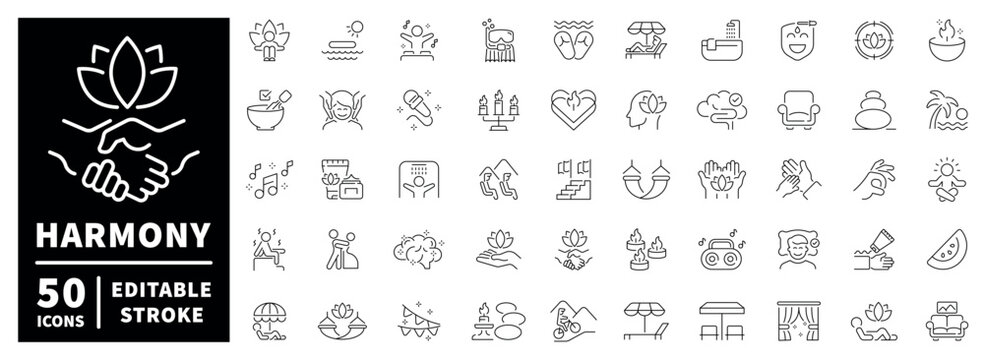 Harmony outline icon set: editable stroke symbols in modern thin line style for wellness concepts