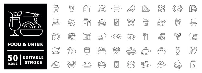 Food and drink outline icon set. editable stroke thin line icons of culinary and beverage concepts