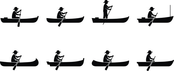 Black vector illustration set of fisherman silhouettes rowing small wooden boats and canoes isolated on white background for nautical travel and traditional lifestyle designs. © MdRasel