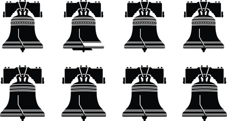 Black vector illustration set of Liberty Bell silhouettes and American independence icons isolated on white background for patriotic history and Philadelphia travel designs. © MdRasel