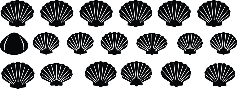 Black vector illustration set of seashell silhouettes and scallop icons in various styles isolated on white background for beach summer and nautical designs.