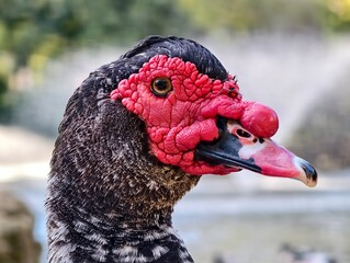 Close up profile portrait showcases the striking bright red caruncles on a mature male Muscovy duck head © MONIJA