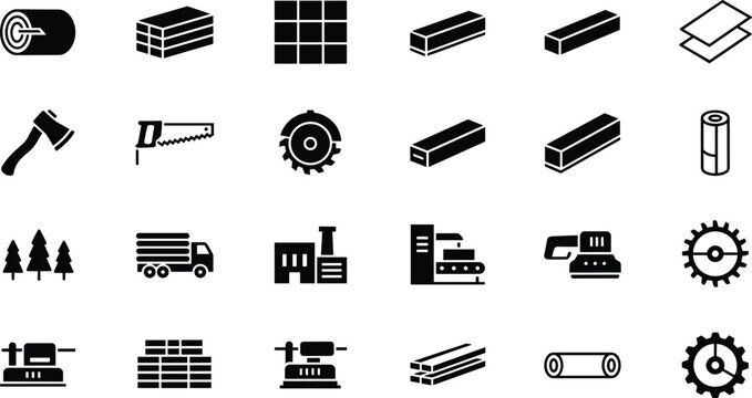 Woodworking and Lumber Industry Icon Set Featuring Timber Logs Sawmill Machinery Carpentry Tools and Wood Processing Equipment Vector Illustration for Forestry and Manufacturing