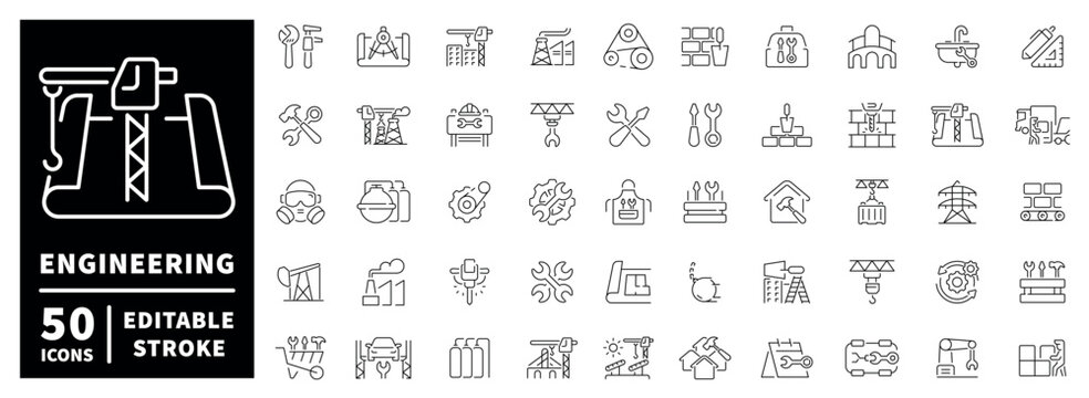 Engineering outline icon set with editable stroke: thin line style for construction tools and machines