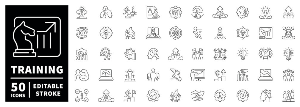 Training and development outline icon set with editable stroke in thin line style