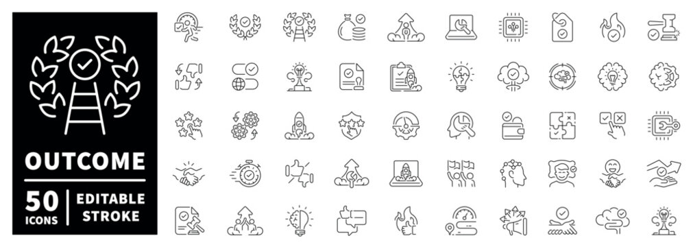 Outcome linear icon set: editable stroke, thin line style for success and achievement