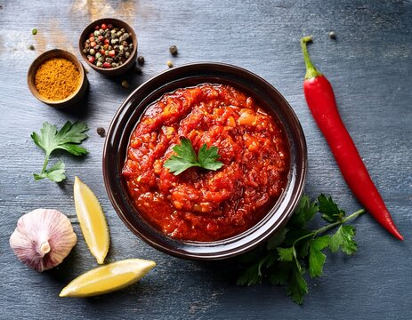 traditional maghrebi hot chili pepper sauce paste harissa adjika