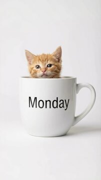 Cute ginger kitten sitting inside a white Monday-labeled mug against a studio background. Baby cat peeking out of a coffee cup. Funny animal, morning humor and cute pet concept