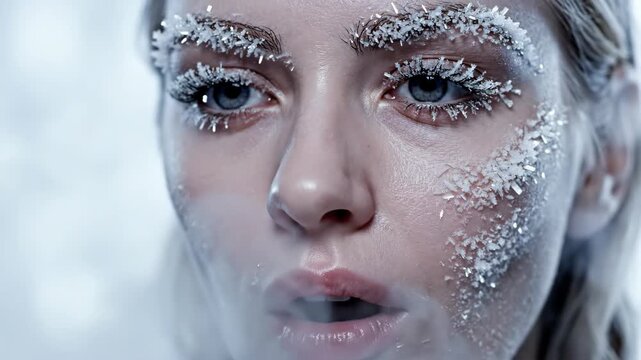 Womans face covered in frost on eyelashes and brows. Cold breath exhaling in misty air. Icy winter beauty portrait showing freezing weather effects