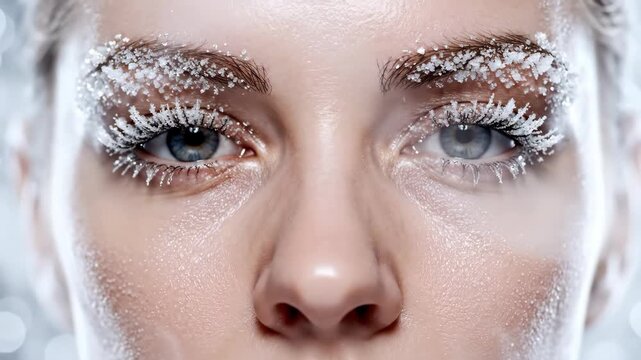 Womans face accumulating frost in freezing cold. Visible breath exhaling from mouth as ice crystals form on skin and eyebrows. Winter chill effect on human features for seasonal weather illustration.