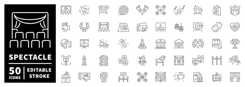 Theater and spectacle outline icon set: editable stroke style for entertainment events