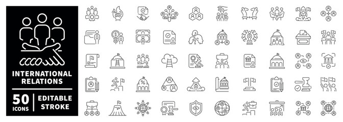Obraz premium International relations outline icon set: editable stroke and thin line style symbols