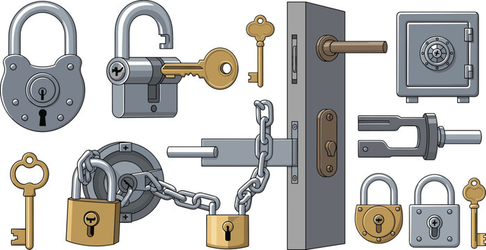 Security lock and key collection with padlocks, door lock mechanism, chain lock, safe vault and vintage keys protection vector illustration set
