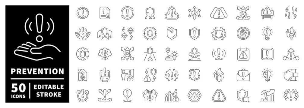 Prevention outline icon set: editable stroke emergency and safety symbols in thin line style