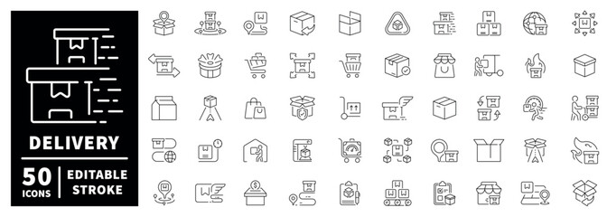Fototapeta premium Delivery and logistics outline icon set. editable stroke thin line style for shipping and packaging