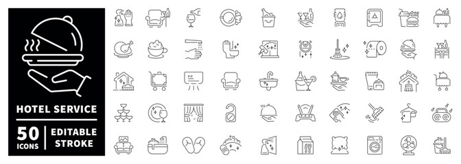Fototapeta na wymiar Hotel service outline icon set: editable stroke, thin line style for hospitality needs
