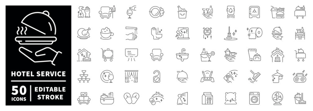 Hotel service outline icon set: editable stroke, thin line style for hospitality needs