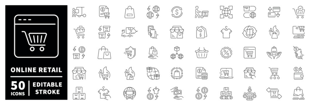 Online retail outline icon set: editable stroke thin line style for e-commerce and shopping