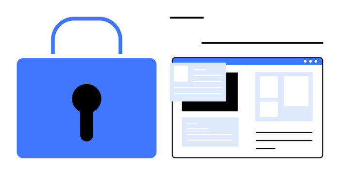 Cybersecurity, website protection, data encryption, privacy, user authentication, online safety. Blue padlock and web page layout visualization. Cybersecurity and website protection