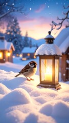 Naklejka premium A sparrow perches on a lantern in a snow-covered village