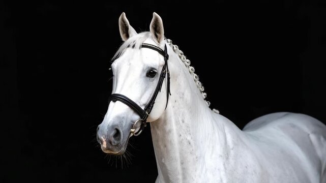 Elegant portrait of a majestic white horse with braided mane and black leather bridle on dark background