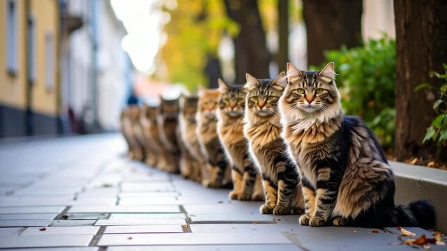 Group of fluffy long haired tabby cats sitting in a perfect row on a city street sidewalk during the day