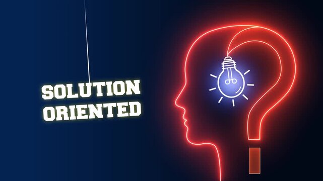 Professional solution oriented text sign on a red neon background with a glowing human head profile and light bulb for effective troubleshooting