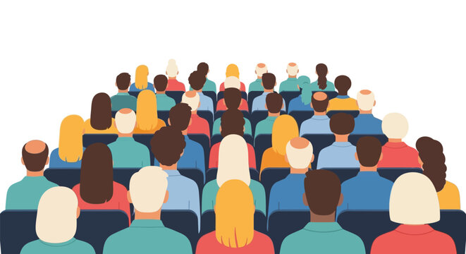 Large group of people seated facing forward a colorful silhouette