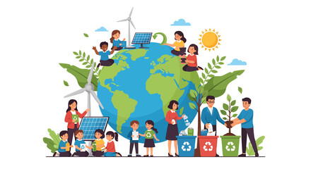 Naklejka premium Global earth and diverse people united for sustainability. Vector Illustrations. EPS Editable
