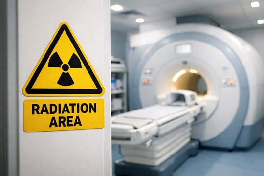 Radiation area warning sign in hospital imaging room with MRI scanner and medical equipment
