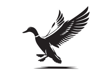 Fototapeta premium Flying mallard duck silhouette isolated on white. Wild bird waterfowl icon for hunting and nature design vector illustration.