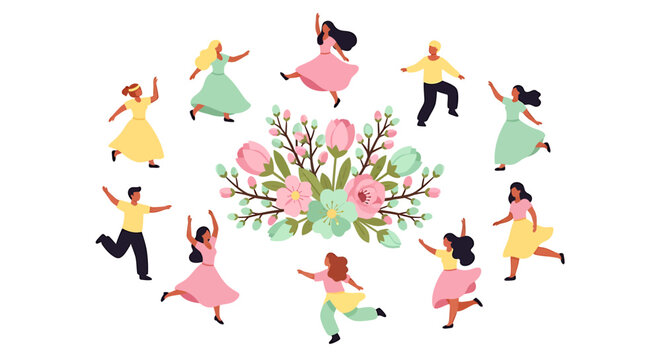 Group of dancers circling a central flower bouquet. Vector Illustrations. EPS Editable