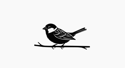 Fototapeta premium A detailed black silhouette of a small sparrow perched gracefully on a thin tree branch in profile