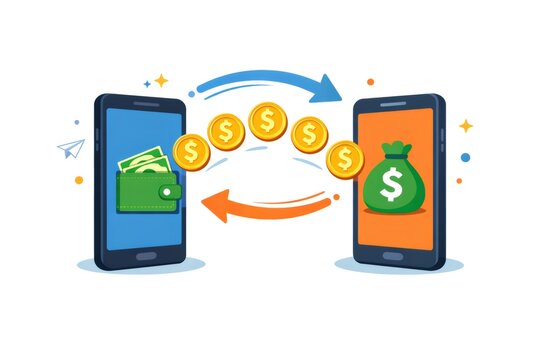 Smartphones exchanging gold coins and cash, illustrating concepts of secure online financial transactions, digital banking, and instant electronic payments