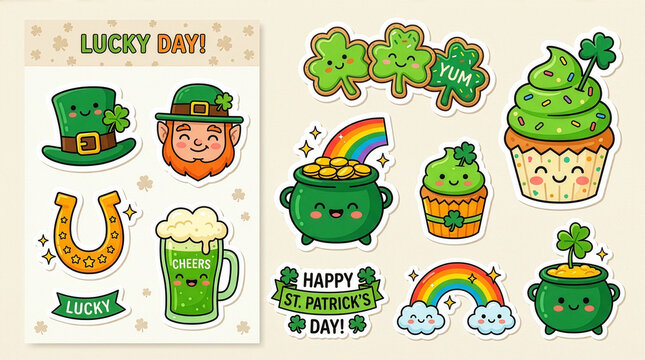 Cute Kawaii Saint Patrick&rsquo;s Day Sticker Collection with Smiling Leprechaun Rainbows Pot of Gold and Festive Treats