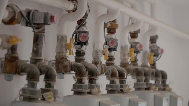 Gas meters and pipes are installed in the staircase of a flat building. The setup shows the necessary protections and connections for safe gas usage.