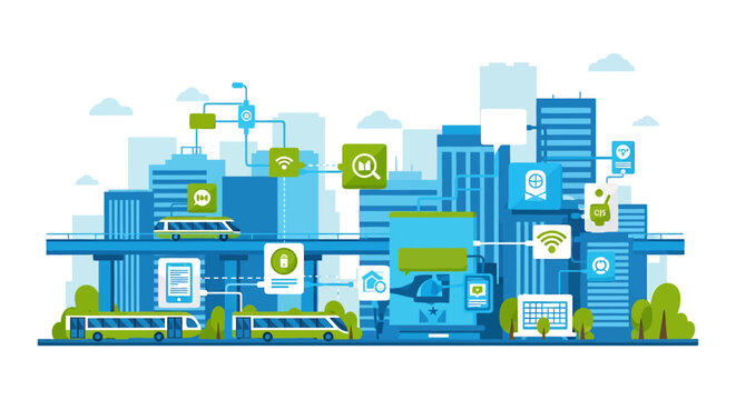 Smart city concept with connected infrastructure and digital icons. Vector Illustrations. EPS Editable