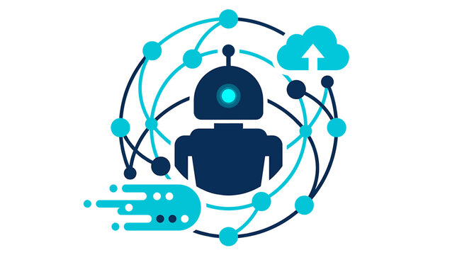 Advanced AI robot connected by network links and cloud icons. Vector Illustrations. EPS Editable