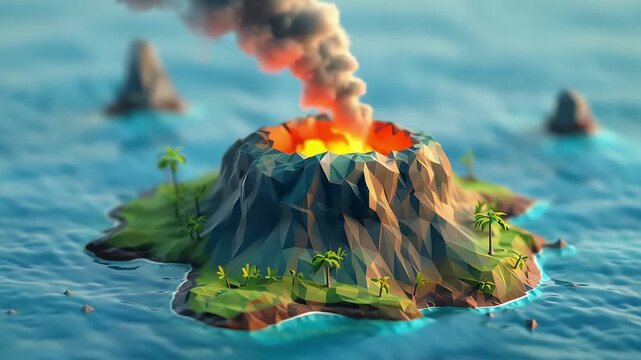 3d Isometric Low poly clay style volcanic island 