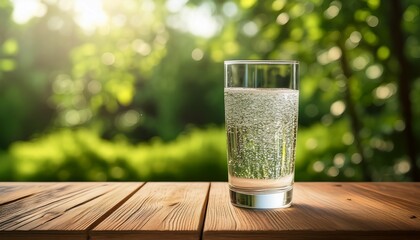 glass of sparkling water on a wooden table out of focus garden background