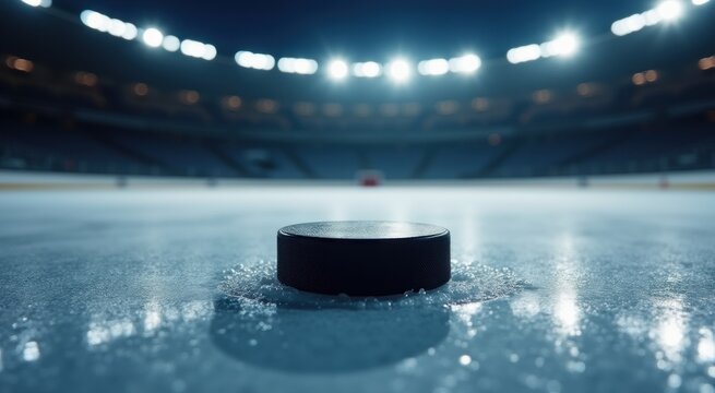 Hockey puck on ice in a stadium with lights sport background