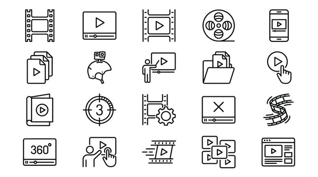 Collection of black and white video editing icons and symbols for multimedia and film production software