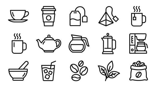 A collection of coffee and tea icons in a simple line art style
