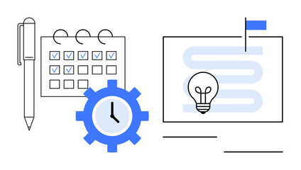 Project management concept. Project management tools thumbs up calendar, clock, and workflow streamline tasks for improved productivity. Project management supports schedules, ideas, and planning
