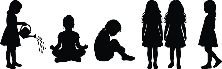 children, kids, silhouette, childhood, activities, meditation, watering, sitting, friendship, twins, standing, girl, play, calm, loneliness, mindfulness, innocence, lifestyle, vector, illustration