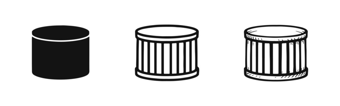 Cylindrical object or filter icon set. Industrial component symbol in solid, outline, and hand-drawn styles.