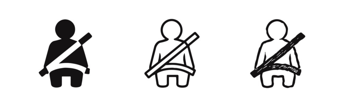 Seatbelt safety icon set. Car passenger protection symbol in solid, outline, and hand-drawn styles.