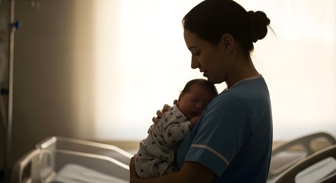 Tender moment of mother and newborn in hospital