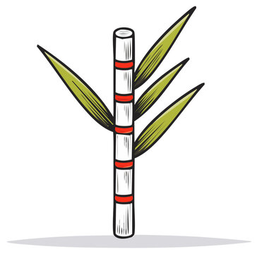 Stylized sugarcane plant stem with green leaves and red segmented stalk cartoon illustration